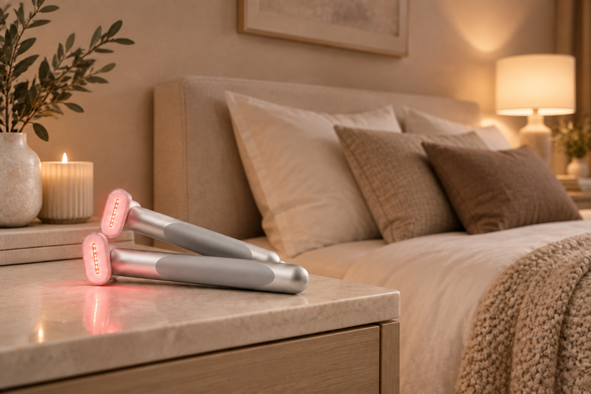 Two silver red light therapy wands on a table